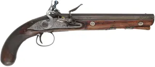 Antique Belt Pistol,
.60 caliber smoothbore, 9-1/4" barrel,
reconverted to flint lock, repaired walnut, iron trim Antique Belt Pistol,
.60 caliber smoothbore, 9-1/4" barrel,
reconverted to flint lock, repaired walnut, iron trim